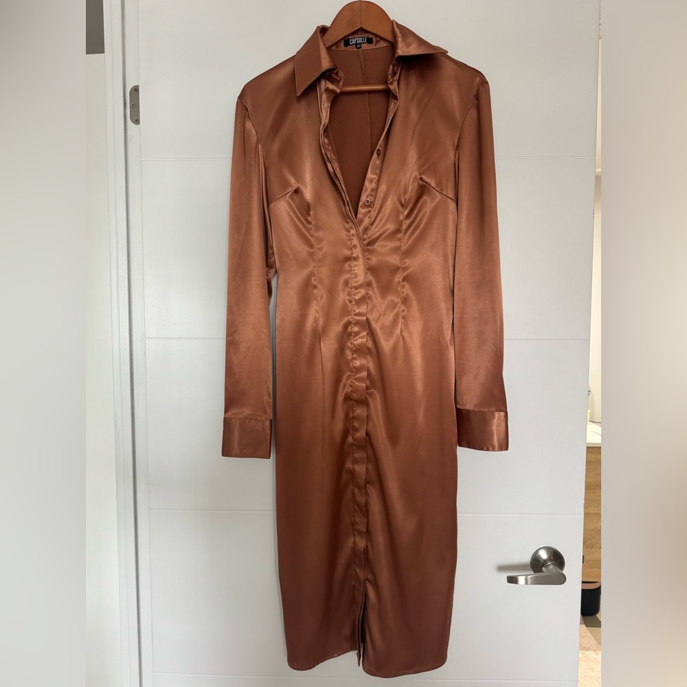 Satin Long Sleeve Button-Up Dress in Rich Brown